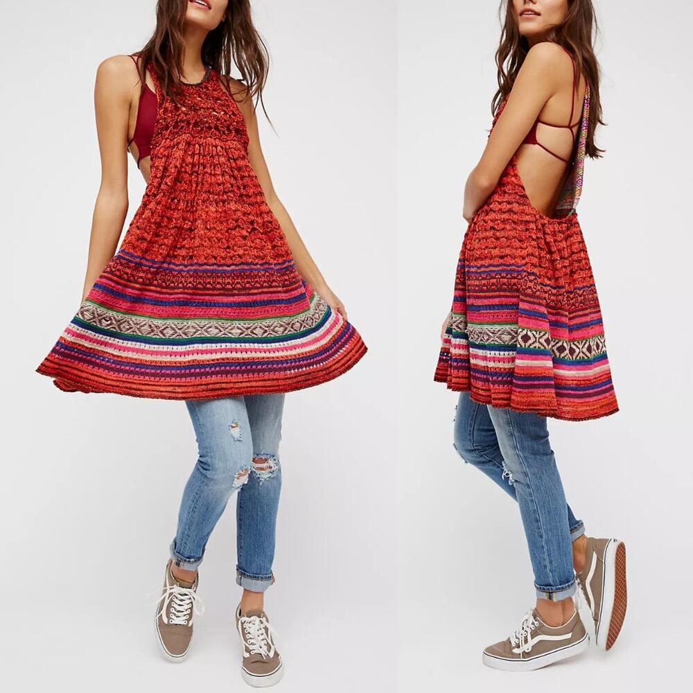 Free People Rare Hearts Red Colorful Chunky Knit Sleeveless Tunic Mini Dress
